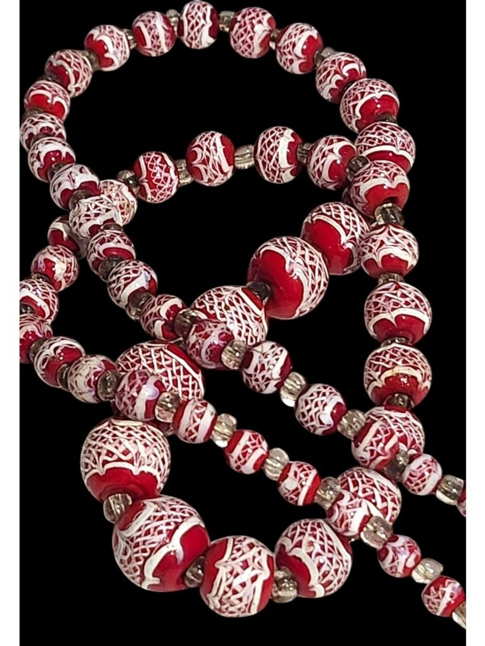 Red & White Lampwork Glass Beaded Necklace Hand-Applied Detailing & Replacement
